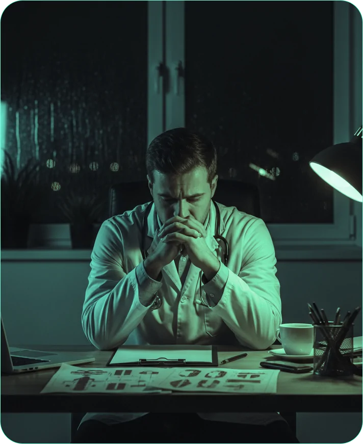 Médico refletindo sobre crescimento profissional